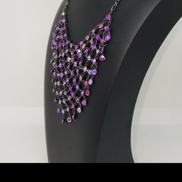 BEAUTIFUL!! Mesh Collar Cascade Purple Rhinestones Gunmetal Reversable Necklace - Picture 6 of 9